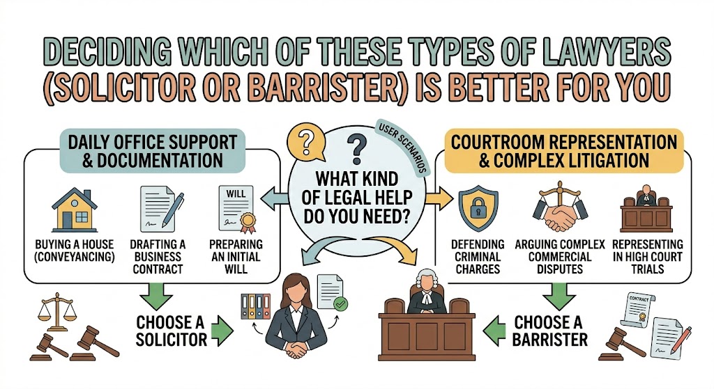 A decision guide flow chart that helps you determine which of the specific types of lawyers solicitor barrister you need, based on unique legal scenarios.