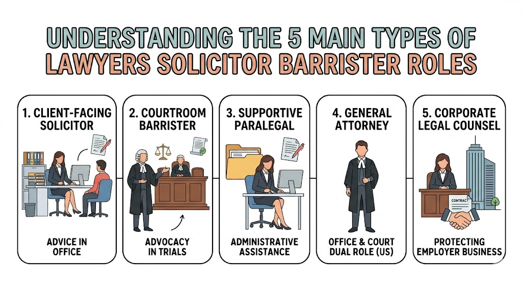 infographic guide detailing five distinct types of lawyers solicitor barrister roles, including corporate counsel and paralegal support.