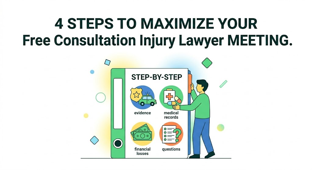 four steps to prepare for a free consultation, featuring icons for evidence, medical records, financial losses, and questions, to get the most from your Free consultation injury lawyer near me