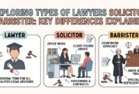 types-of-lawyers-solicitor-barrister-differences-comparison illustration comparing the daily duties of the types of lawyers solicitor barrister, detailing office work versus courtroom advocacy.