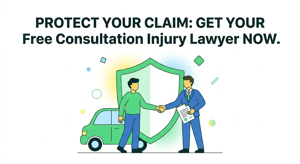 a car accident victim being protected by a large shield from an aggressive insurance adjuster, with a Free consultation injury lawyer handshake, on a white background.