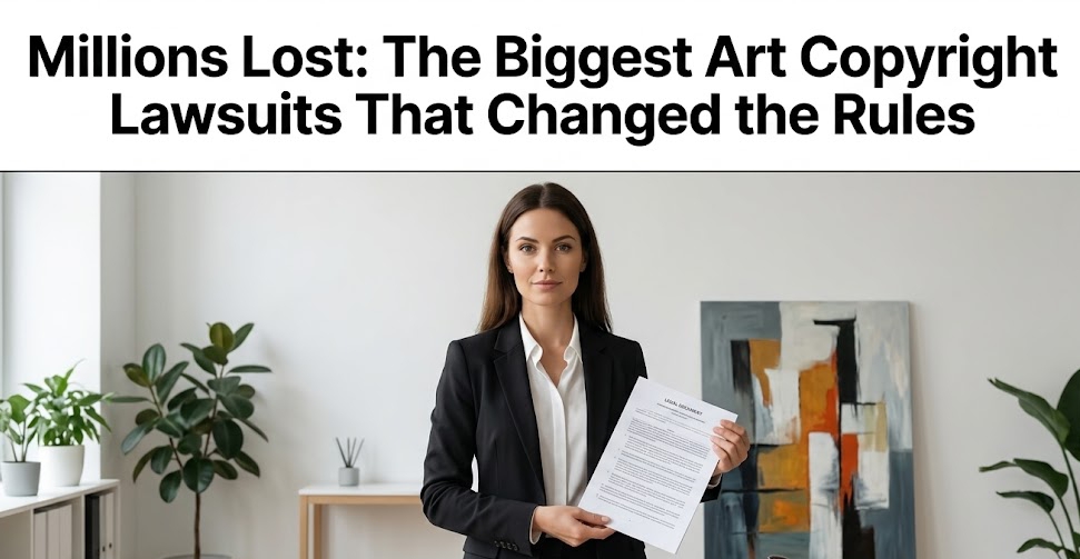 A legal professional reviewing a famous lawsuit concerning a copied copyright artwork example.