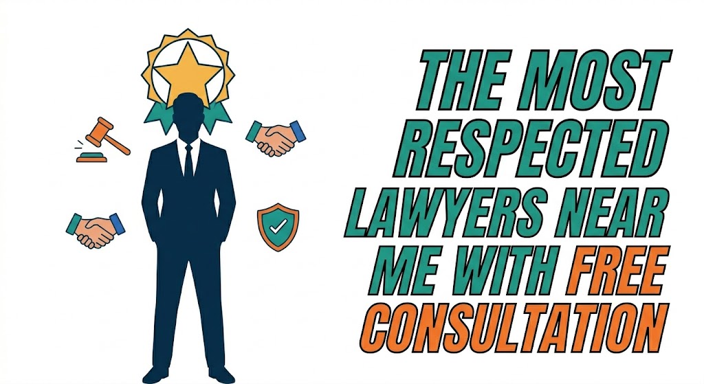 illustration showing a respected lawyer silhouette with an award lencana, signifying elite representation from lawyers near me with free consultation.