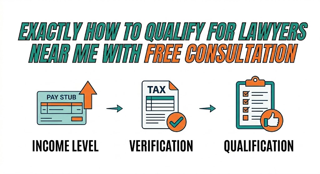 illustration showing the steps to qualify for legal aid when seeking lawyers near me with free consultation.