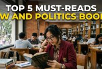 A student discovering the perfect law and politics book for their university studies.