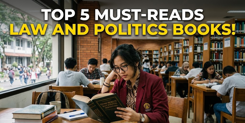 A student discovering the perfect law and politics book for their university studies.