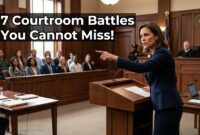 An aggressive attorney pointing during a courtroom battle in one of the best lawyers films.