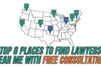 An infographic vector map of the USA showing the top 8 verified locations to find lawyers near me with free consultation.