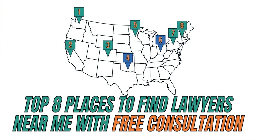 An infographic vector map of the USA showing the top 8 verified locations to find lawyers near me with free consultation.