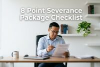 Reviewing a severance package document carefully before signing.