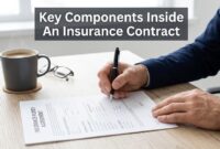 components-of-insurance-contract The essential parts and components of an insurance contract on a desk.