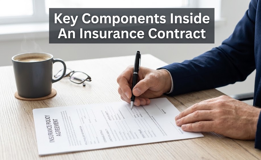 The essential parts and components of an insurance contract on a desk.
